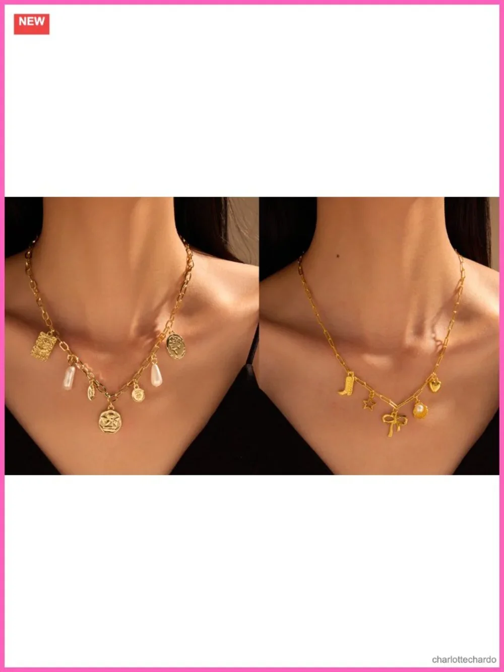 Gold Charm Necklace Beach Jewelry Women Shell Pearl Coin Paperclip Chain Boho